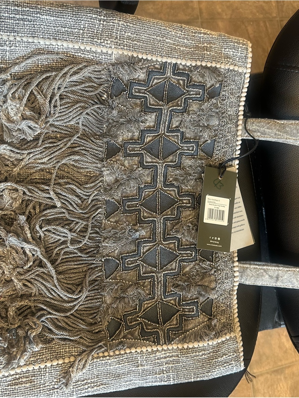 Myra Bag Gray Boho Fringe Embroidered Tote